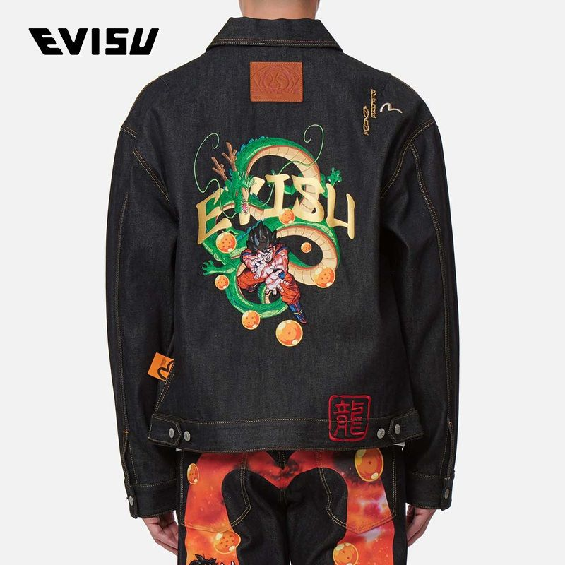 Details for EVISU x DRAGON Collaboration Blue Denim Jacket with Dragon Goku Design for Men. 2EADRM1DJ700LFCT
