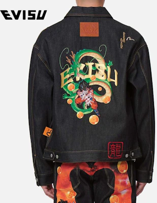 EVISU x DRAGON Collaboration Blue Denim Jacket with Dragon Goku Design for Men. 2EADRM1DJ700LFCT Details for EVISU x DRAGON Collaboration Blue Denim Jacket with Dragon Goku Design for Men. 2EADRM1DJ700LFCT
