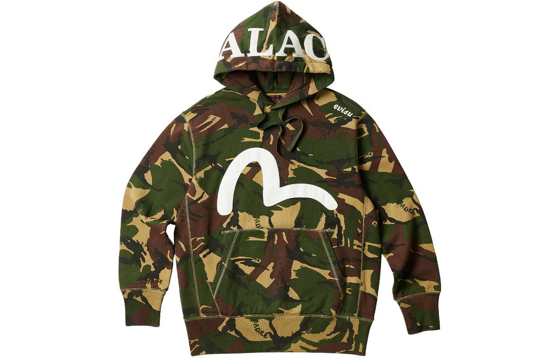 EVISU x PALACE SS23 Camo Hoodie Unisex with Seagull Patch. 2ESPAM3SW520OSCT