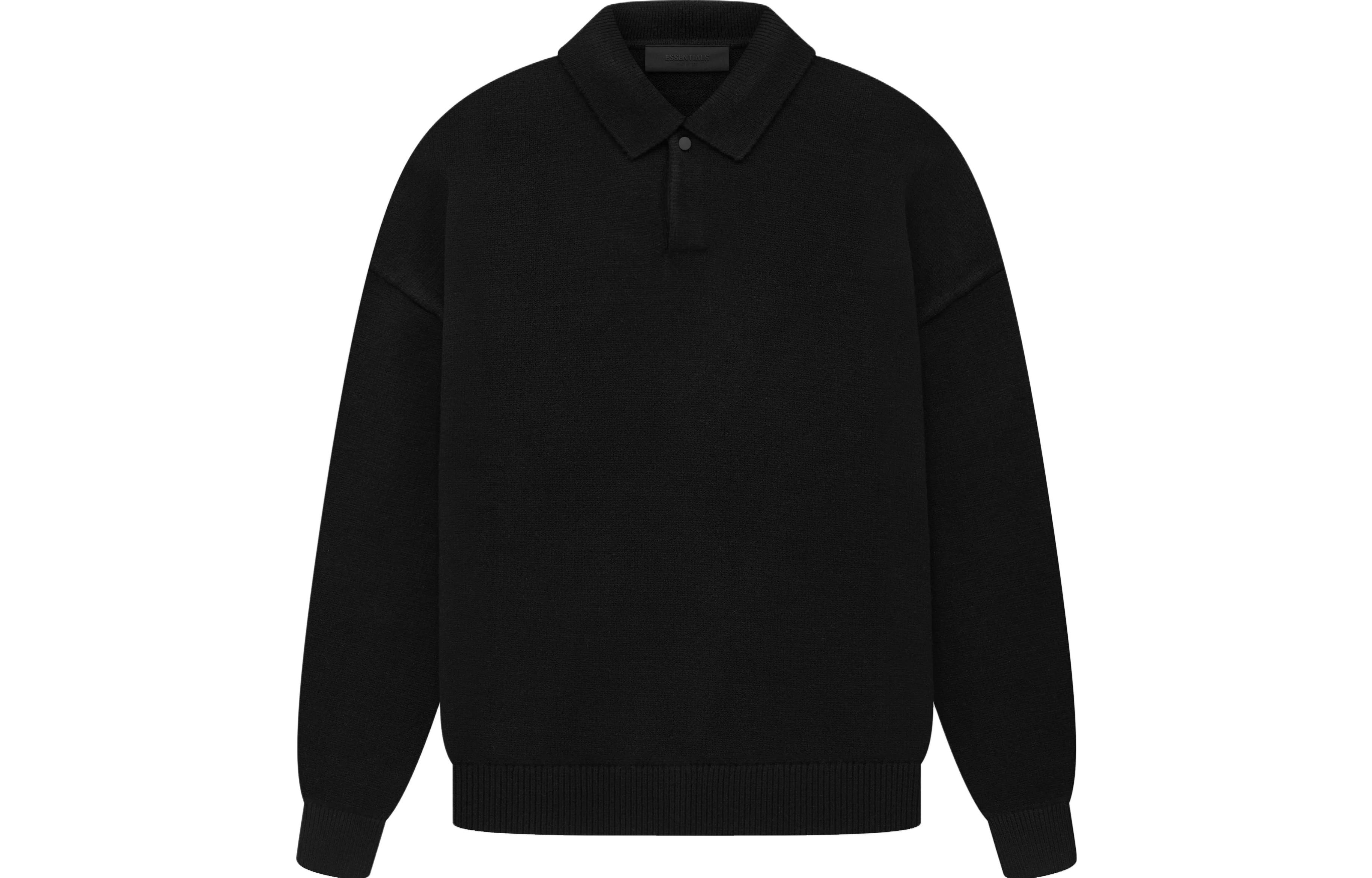 Fear of God Essentials Knit Polo Jet Black Heavyweight Long Sleeve Polo Shirt. 192SP232180F