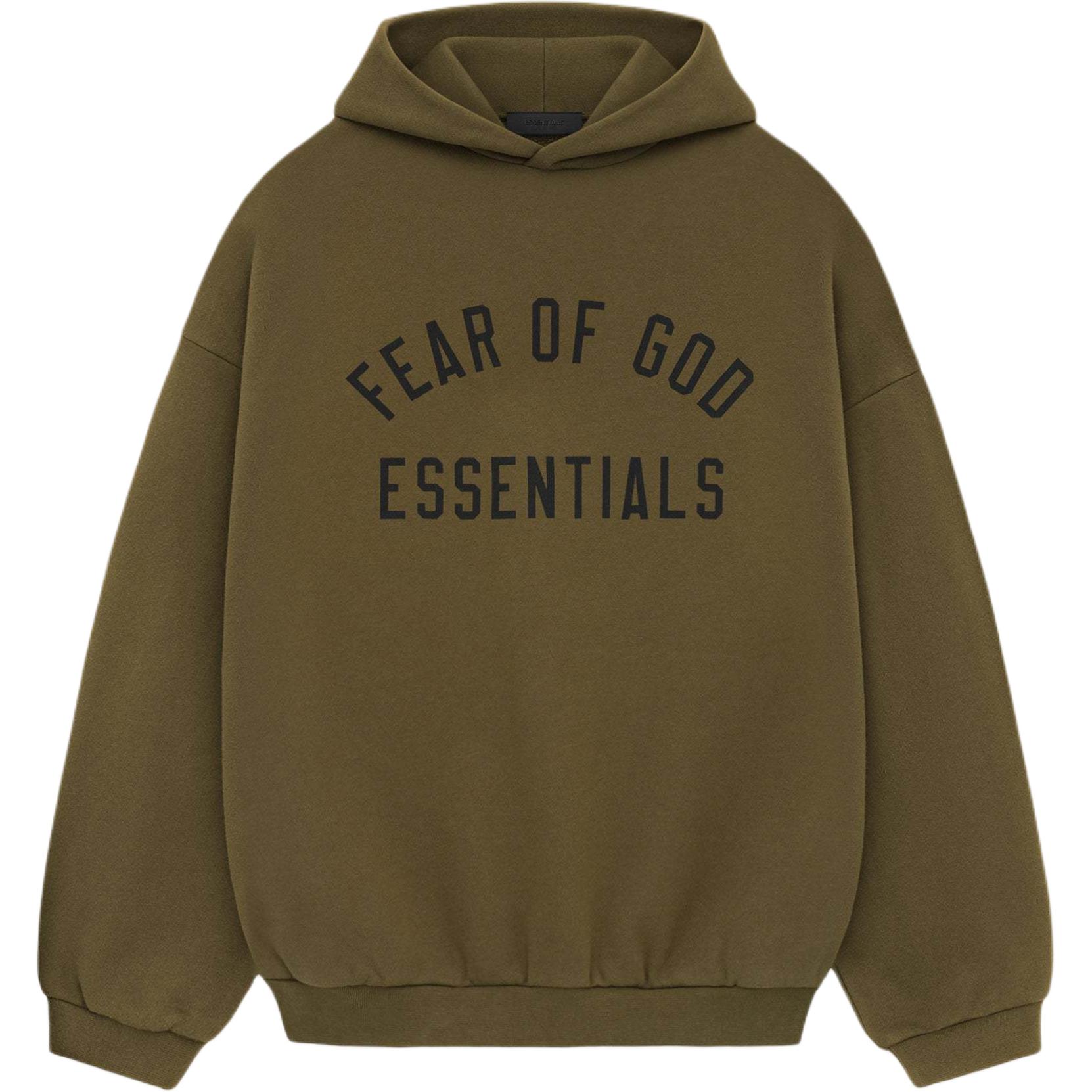 FOG Fall24 Fleece Hoodie Olive Green Mens Letter Print Heavyweight Pullover 192BT246254F