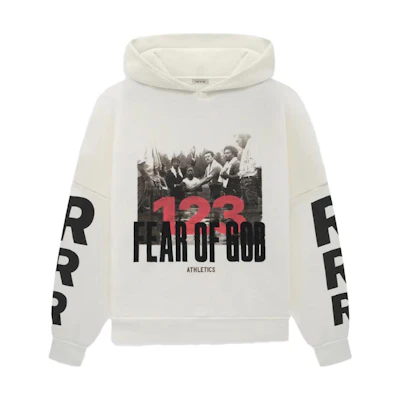 FOG SS23 Stop Running White Hoodie Unisex Pullover with Graphic Print FOG123-14-100-1