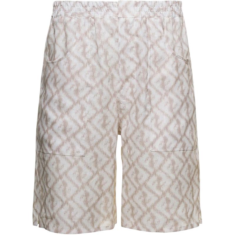 FENDI  Beige Linen Monogram Logo Casual Shorts. FB0860-AN0K-F18D0