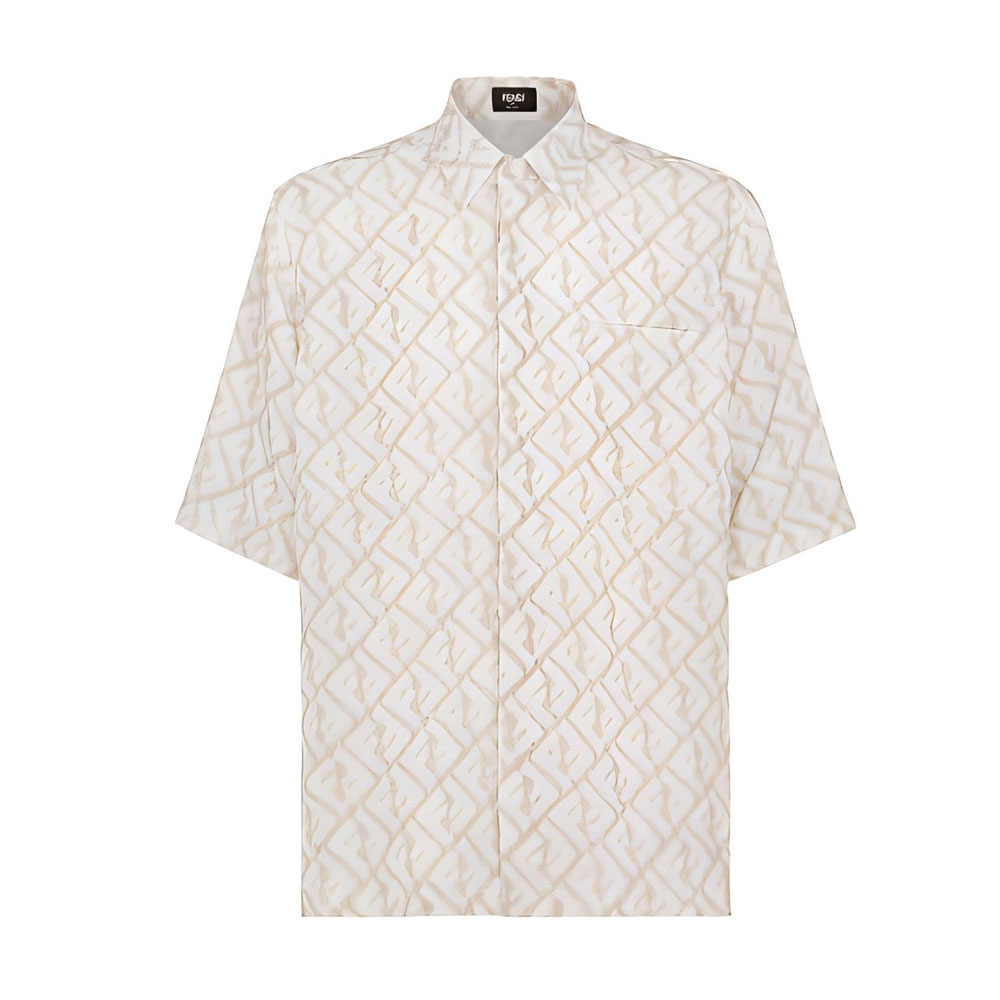 FENDI  Beige Monogram Print Button-Up Short-Sleeve Shirt SS23 Collection FS0795AN0KF18DO