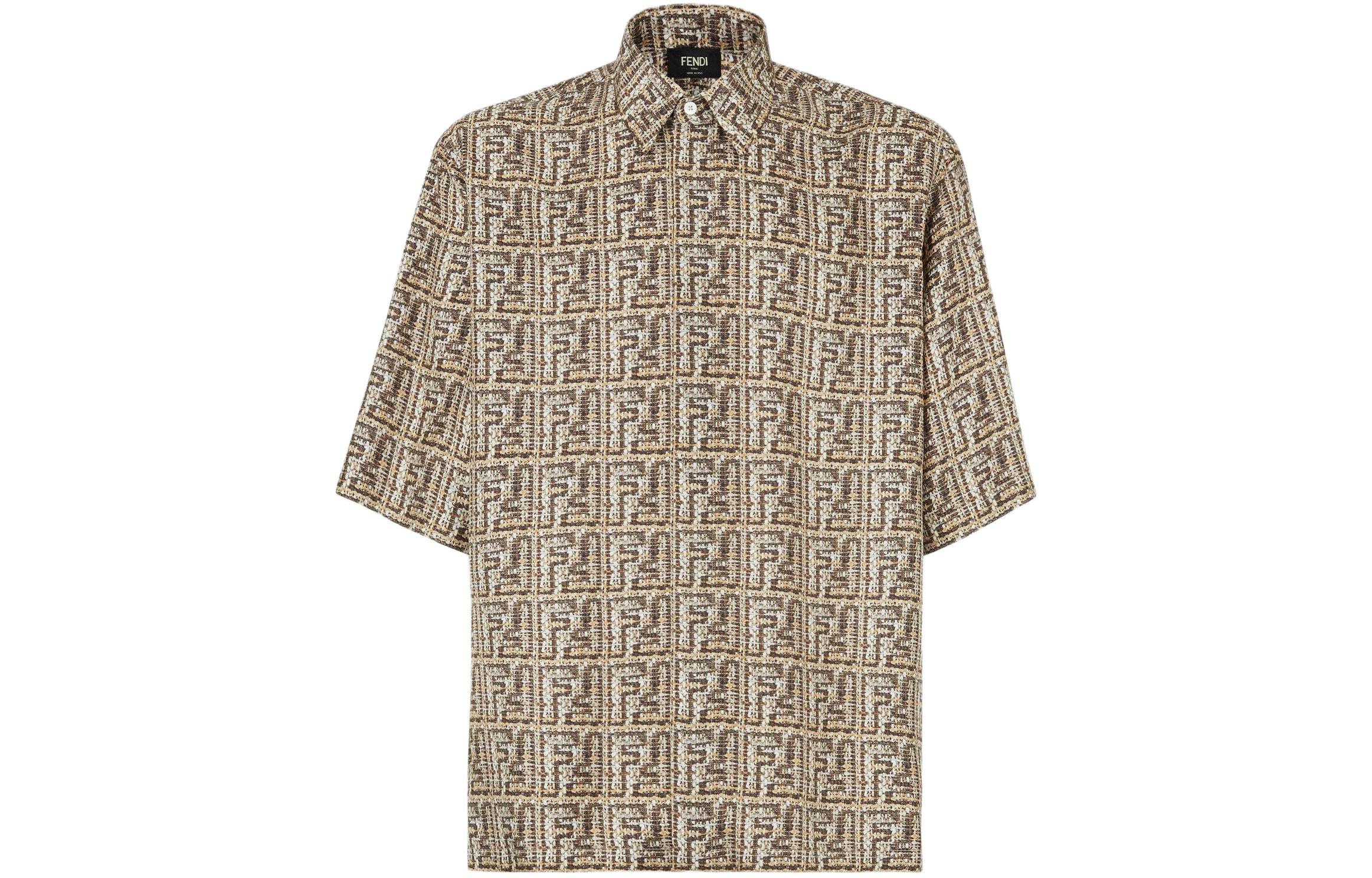 FENDI  Beige Short Sleeve Shirt with All-Over Logo Print. FS0795AR6FF1MTK