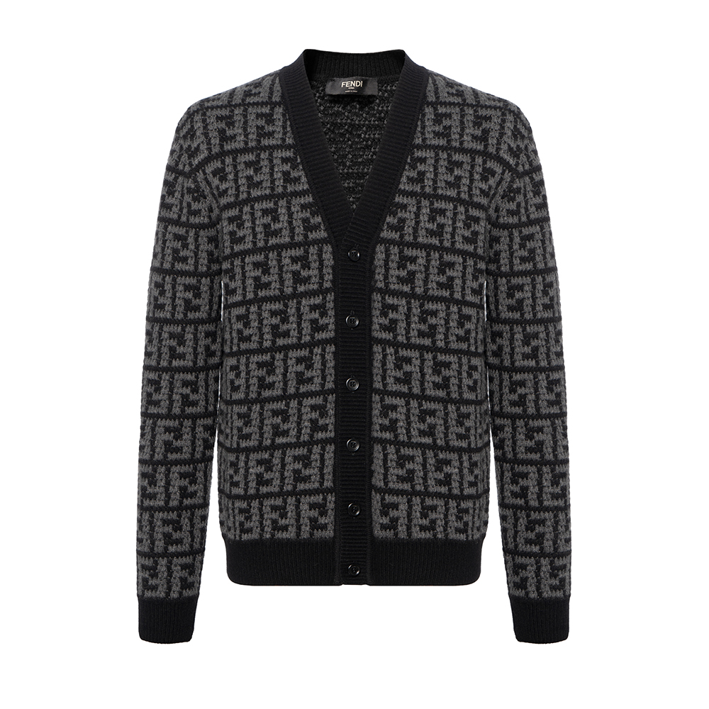 FENDI  Black Colorblock Logo V-Neck Long Sleeve Knit Cardigan. FZC433APPAF05HY