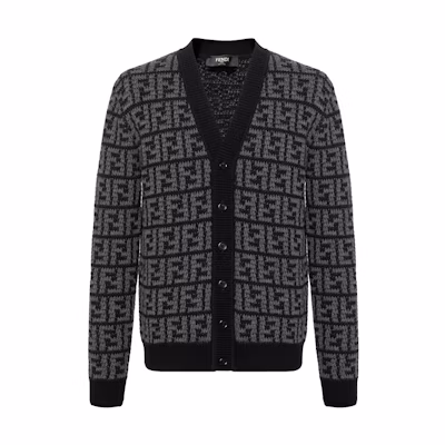 FENDI Black Colorblock Logo V-Neck Long Sleeve Knit Cardigan. FZC433APPAF05HY