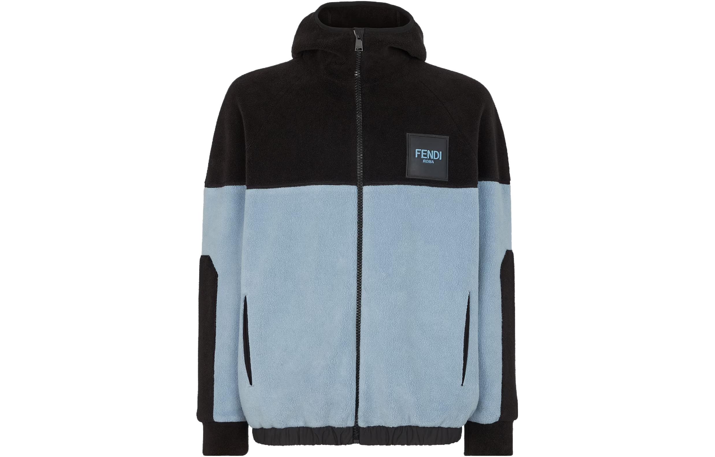 FENDI  Black Contrast Logo Patch Long-Sleeve Hooded Jacket. FAF667APXDF1MS2