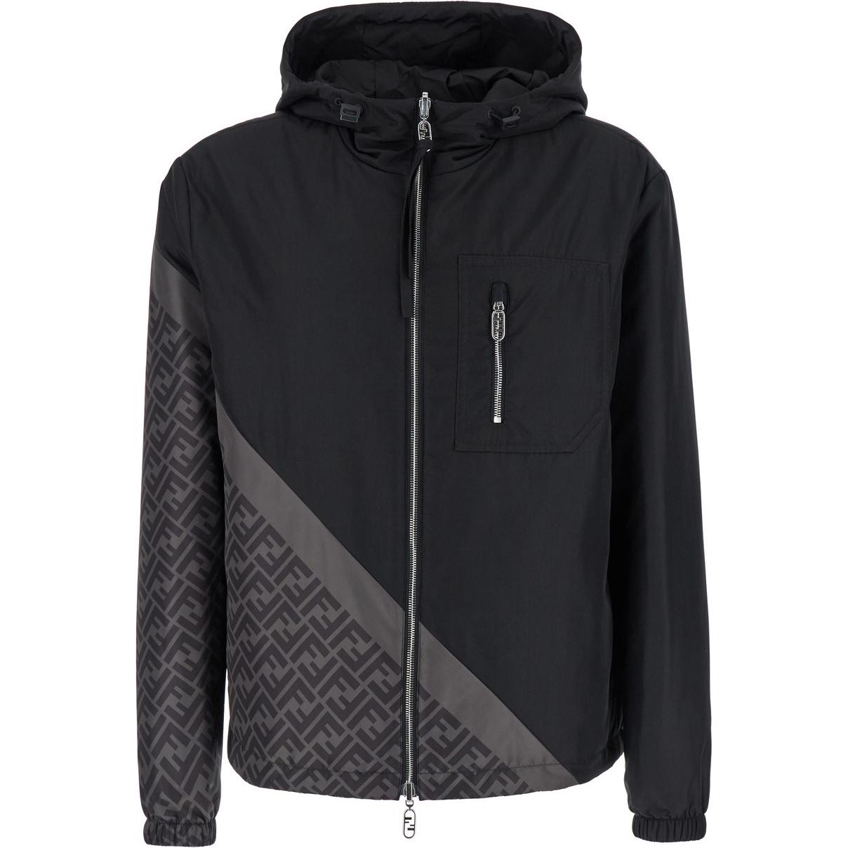 FENDI  Black Logo Print Hooded Zip-Up Jacket FW23 Long Sleeve Outerwear FAA917AQNOF1N6F