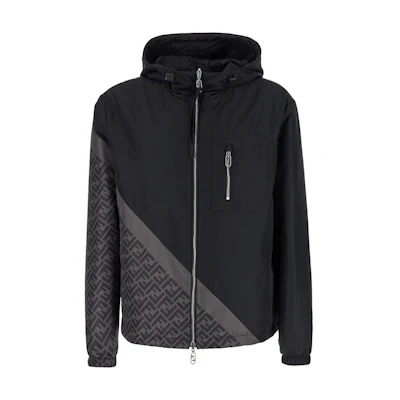 FENDI Black Logo Print Hooded Zip-Up Jacket FW23 Long Sleeve Outerwear FAA917AQNOF1N6F
