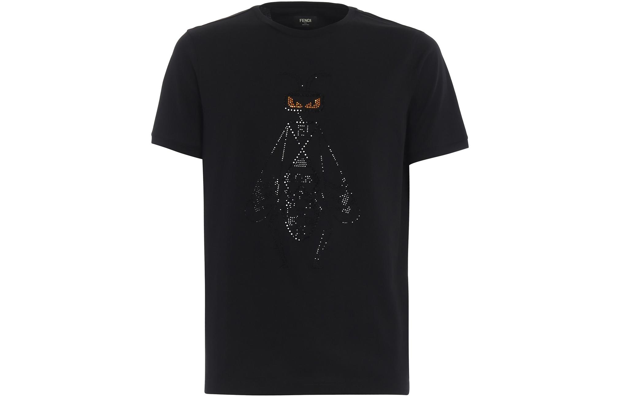 FENDI  Black Short-Sleeve T-Shirt with Rhinestone Design. FY0894A3M0F0QA1