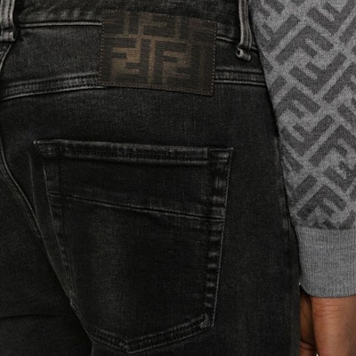 FENDI Black Slim-Fit Tapered Jeans Mid-Rise Button SS24. FLP288AQLS Details for FENDI Black Slim-Fit Tapered Jeans Mid-Rise Button SS24. FLP288AQLS