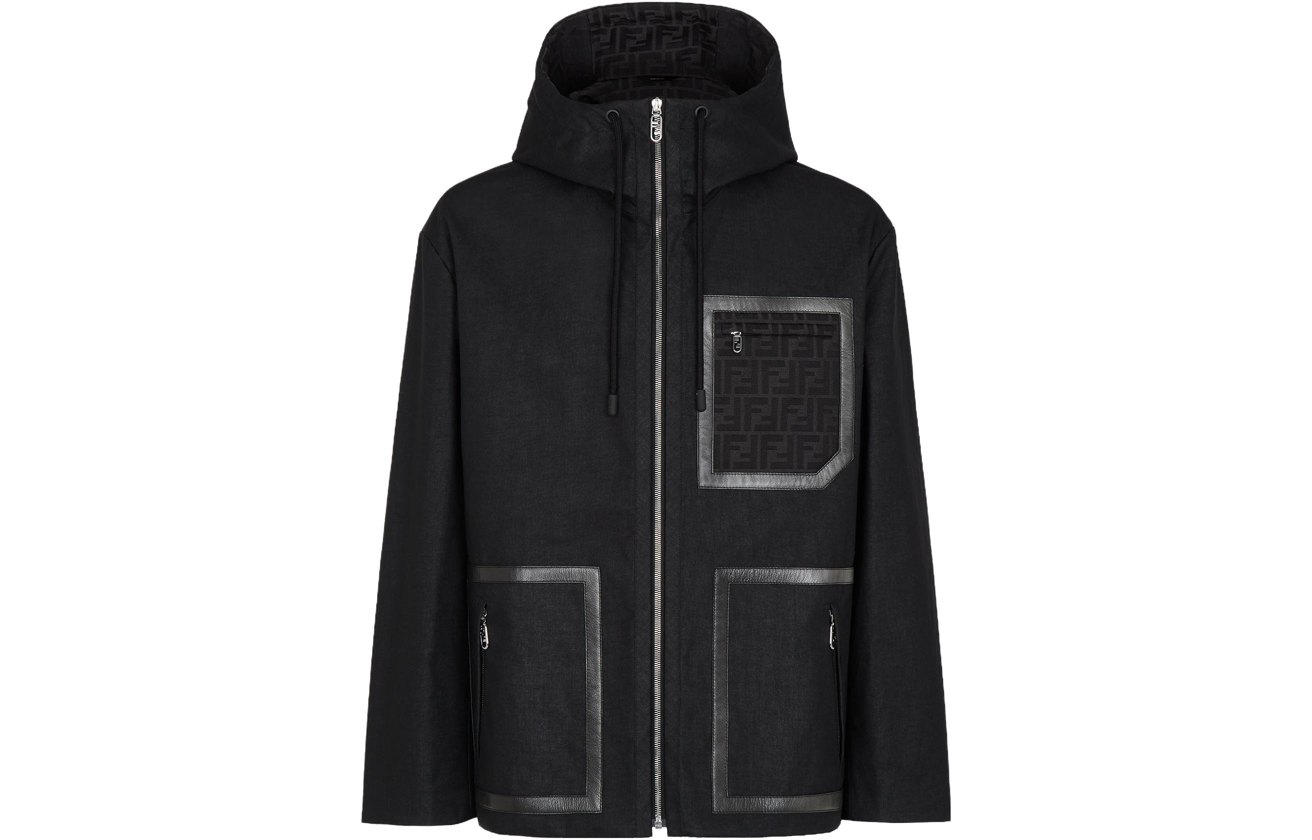 FENDI  Black Solid Color Pocket Zipper Hoodie Jacket. FW1272APNGF093U