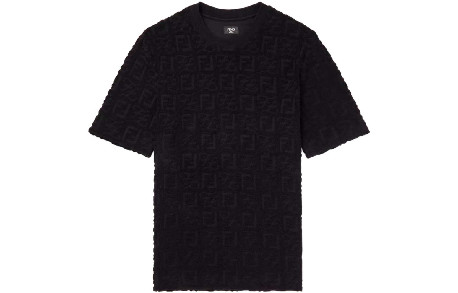 FENDI  Black Solid Logo Jacquard Crewneck T-Shirt. FY0936A9RKF0QA1