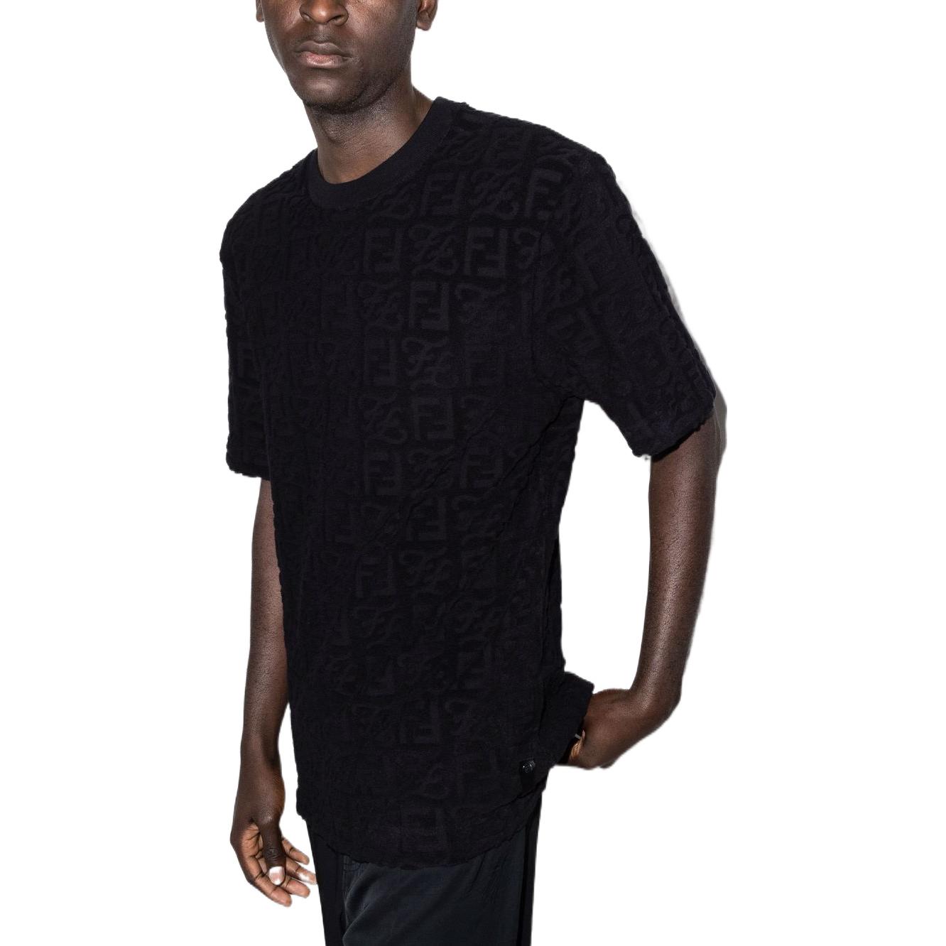 FENDI  Black Solid Logo Jacquard Crewneck T-Shirt. FY0936A9RKF0QA1 圖 3