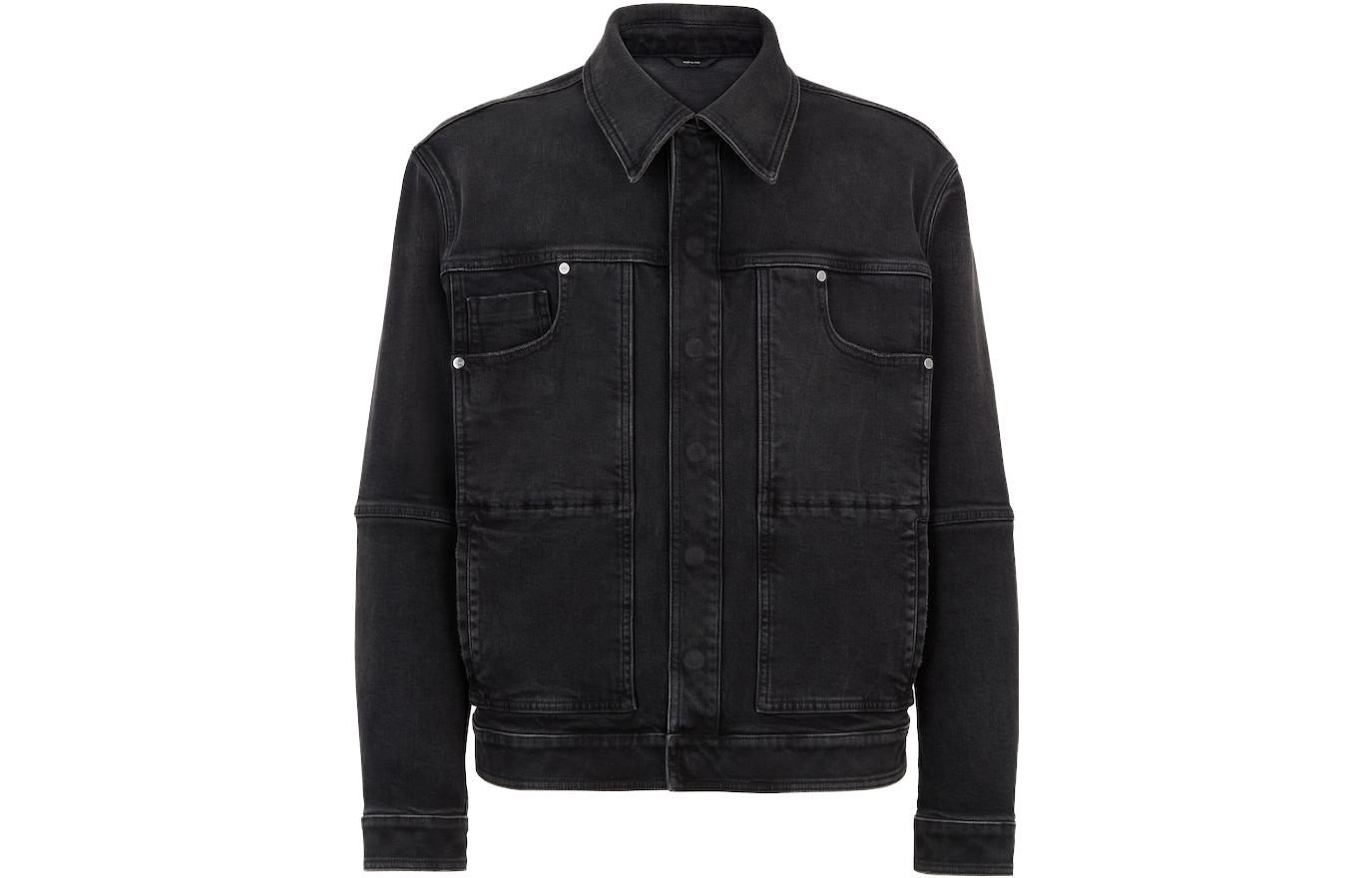 Order FENDI Jaket Denim Hitam Multi-Pocket dengan Kerah Lancip. FW1181AQLSF0QA1