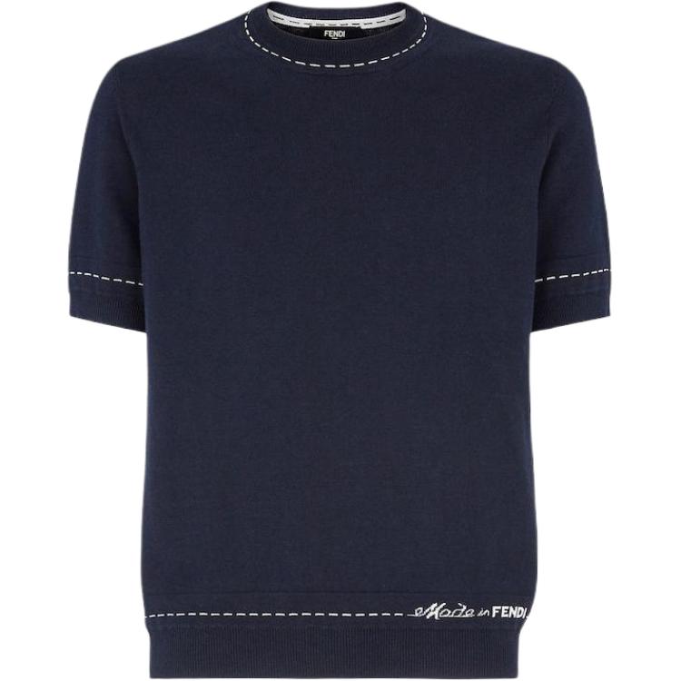 FENDI  Blue Crewneck Knit T-Shirt with Logo Embroidery. FZE004AR8DF03LQ