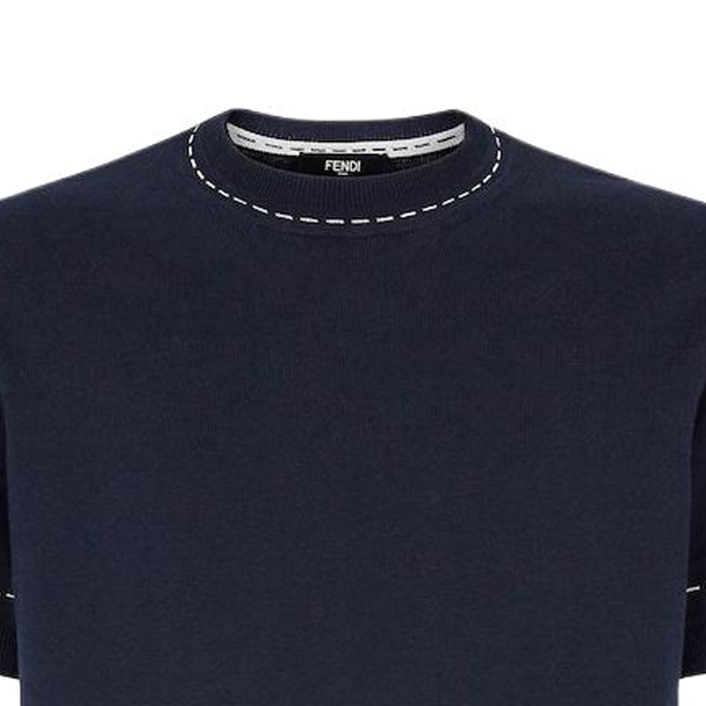 FENDI  Blue Crewneck Knit T-Shirt with Logo Embroidery. FZE004AR8DF03LQ 圖 4