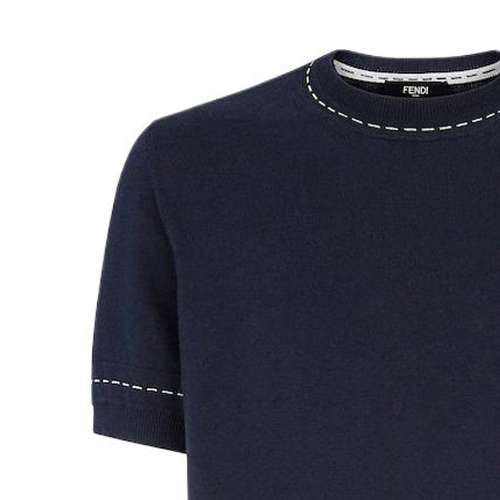 FENDI  Blue Crewneck Knit T-Shirt with Logo Embroidery. FZE004AR8DF03LQ 圖 5