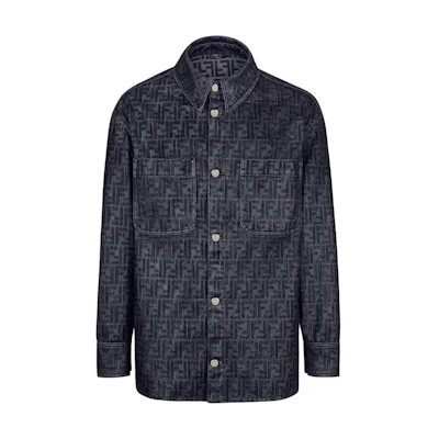 FENDI Blue Denim Jacket with Allover Logo Print and Pointed Collar. FW1321APSWF0CRH