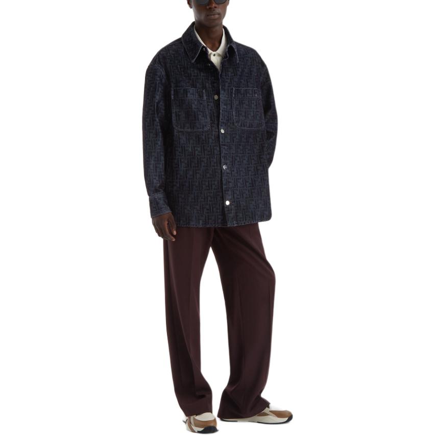 Shop フェンディ ブルーデニムジャケット オールオーバーロゴプリント ポインテッドカラー FW1321APSWF0CRH