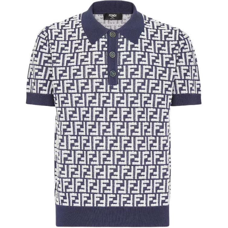 FENDI  Blue Logo Print Short Sleeve Knit Polo Shirt FZC349AR85F04V6