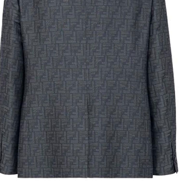 Shop FENDI 藍色長袖西裝外套，全版Logo印花設計及單顆扣。 FJ0768APOK-F0QA2