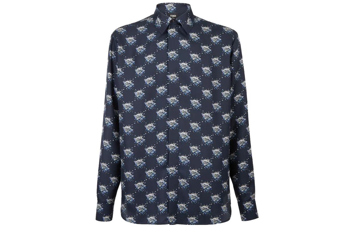 FENDI  Blue Long-Sleeve Shirt with Monogram and Square Neckline. FS1038AQIGF1AJR