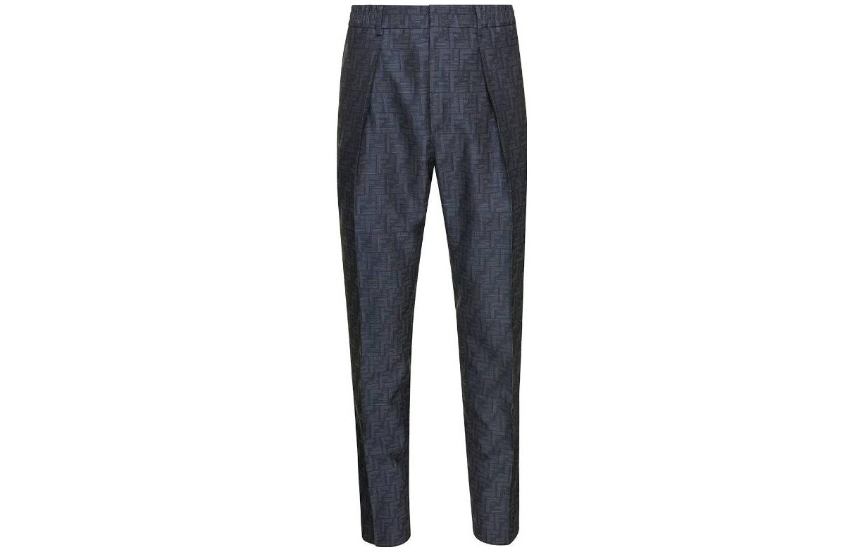 FENDI  Blue Mid-Rise Logo Jacquard Pleated Casual Pants. FB0767APOKF0QA2