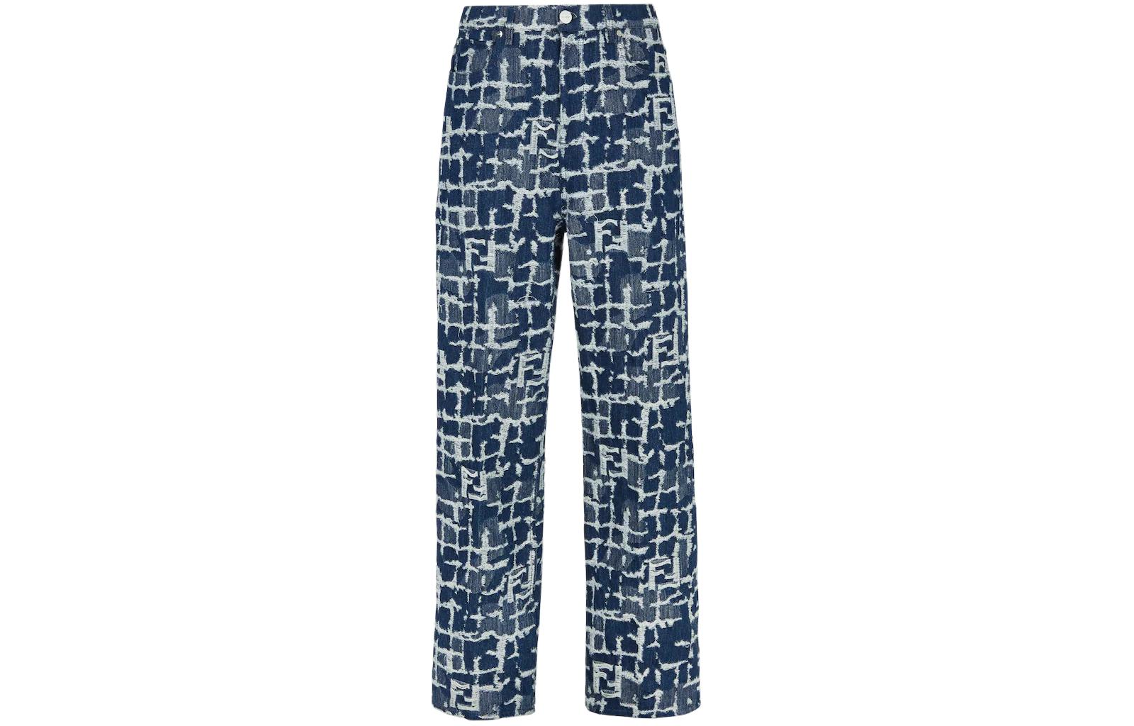 FENDI  Blue Mid-Rise Straight-Leg Zipper Fly Monogram Jeans FLP345AR9NF0UV2