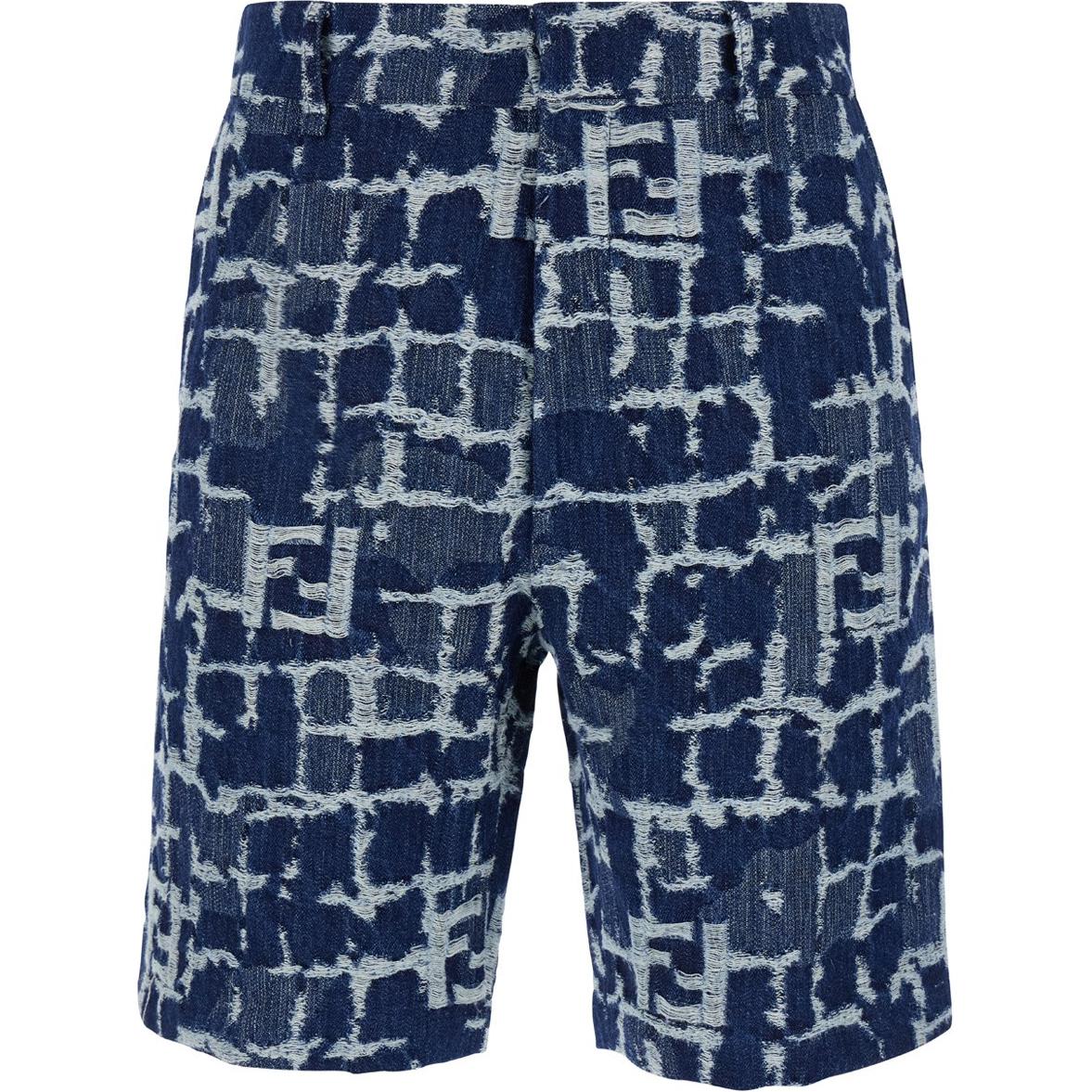 FENDI  Blue Mid-Waist Zipper Straight Casual Shorts with All-Over Print FLP347AR9NF0-UV2