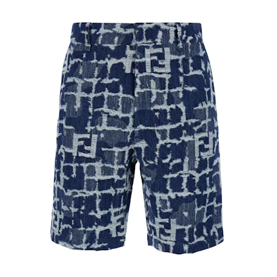 FENDI Blue Mid-Waist Zipper Straight Casual Shorts with All-Over Print FLP347AR9NF0-UV2