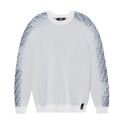 FENDI Blue White Crewneck Sweater with Side Letter Logo. FZX005AN3YF0MYN