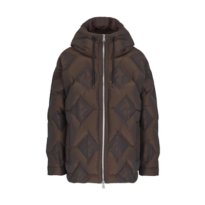 FENDI Brown Down Jacket with Drawstring Hood and Zipper Side Pockets. FAA911AQNHF0-HCU