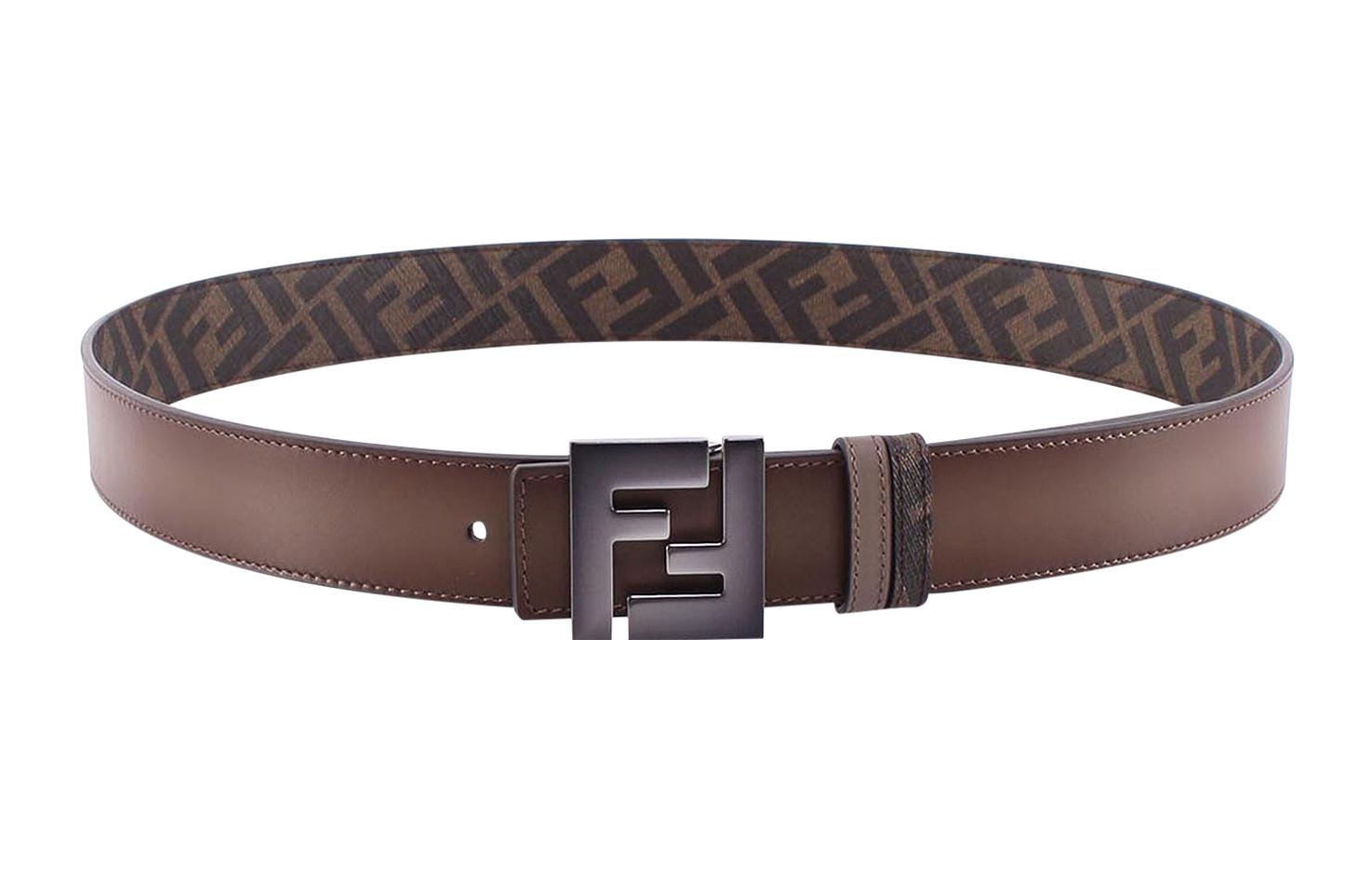 FENDI  Brown Leather Belt, Double-Sided Metal Logo, 3.5cm Wide. 7C0468-AHUU-F1GX3