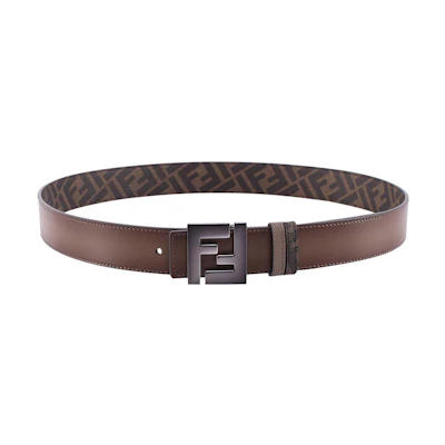 FENDI Brown Leather Belt, Double-Sided Metal Logo, 3.5cm Wide. 7C0468-AHUU-F1GX3
