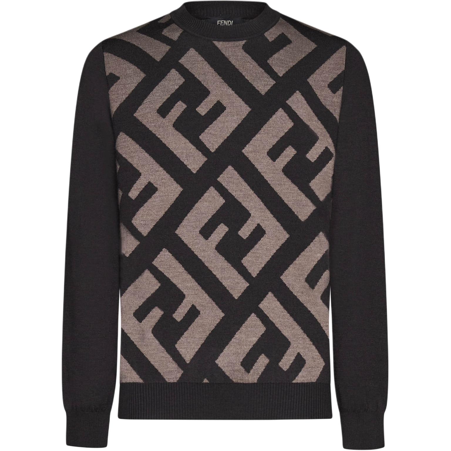 FENDI  Brown Letter Print Colorblock Crewneck Sweater. FZX091APJKF1M2Q