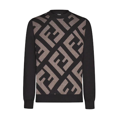 FENDI Brown Letter Print Colorblock Crewneck Sweater. FZX091APJKF1M2Q