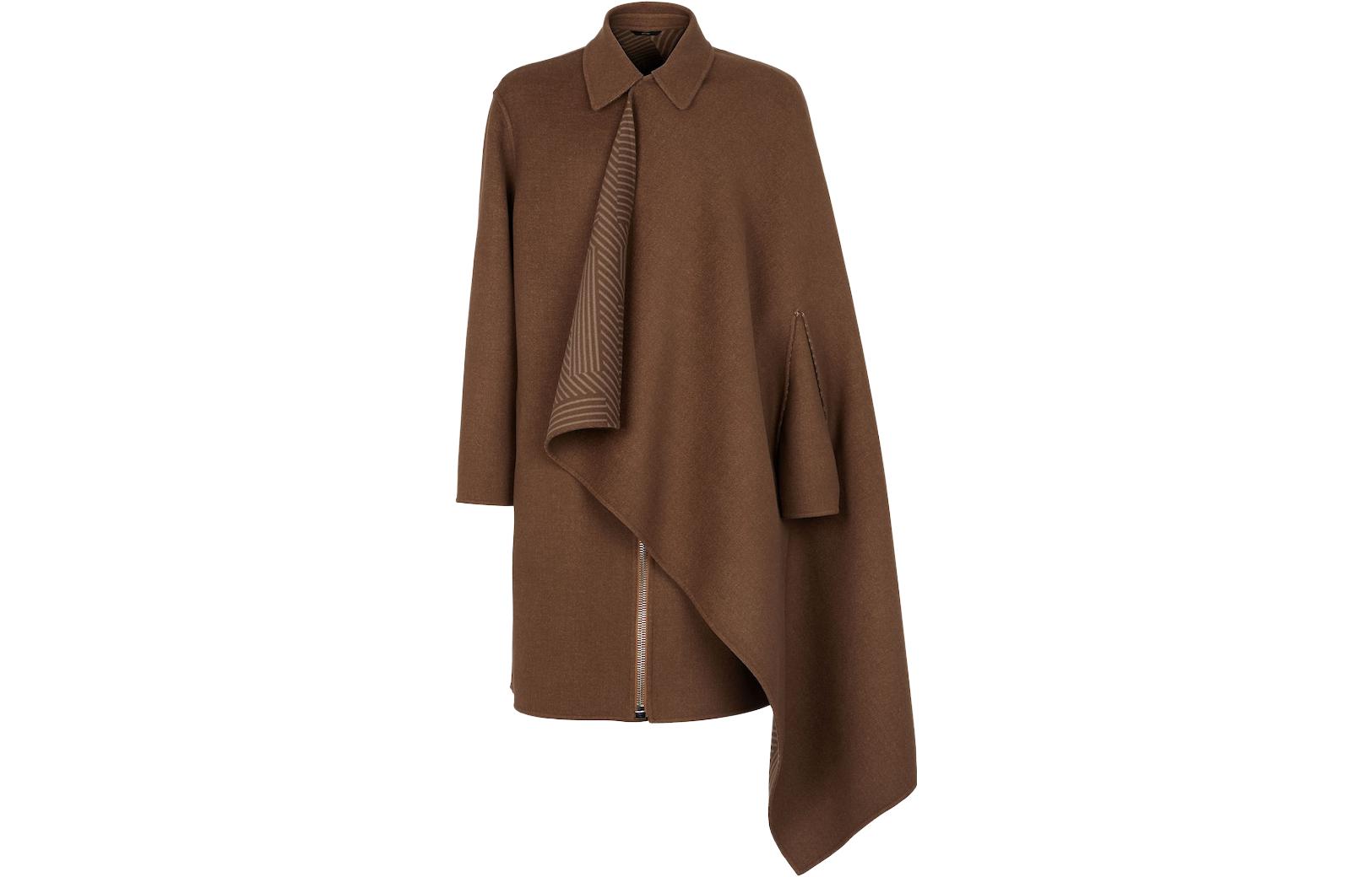 FENDI  Brown Wool Coat with Striped Lapel Mid-Length Design. FF0740APNBF1LUZ