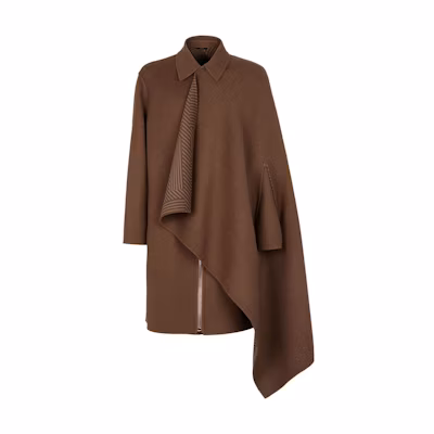 FENDI Brown Wool Coat with Striped Lapel Mid-Length Design. FF0740APNBF1LUZ