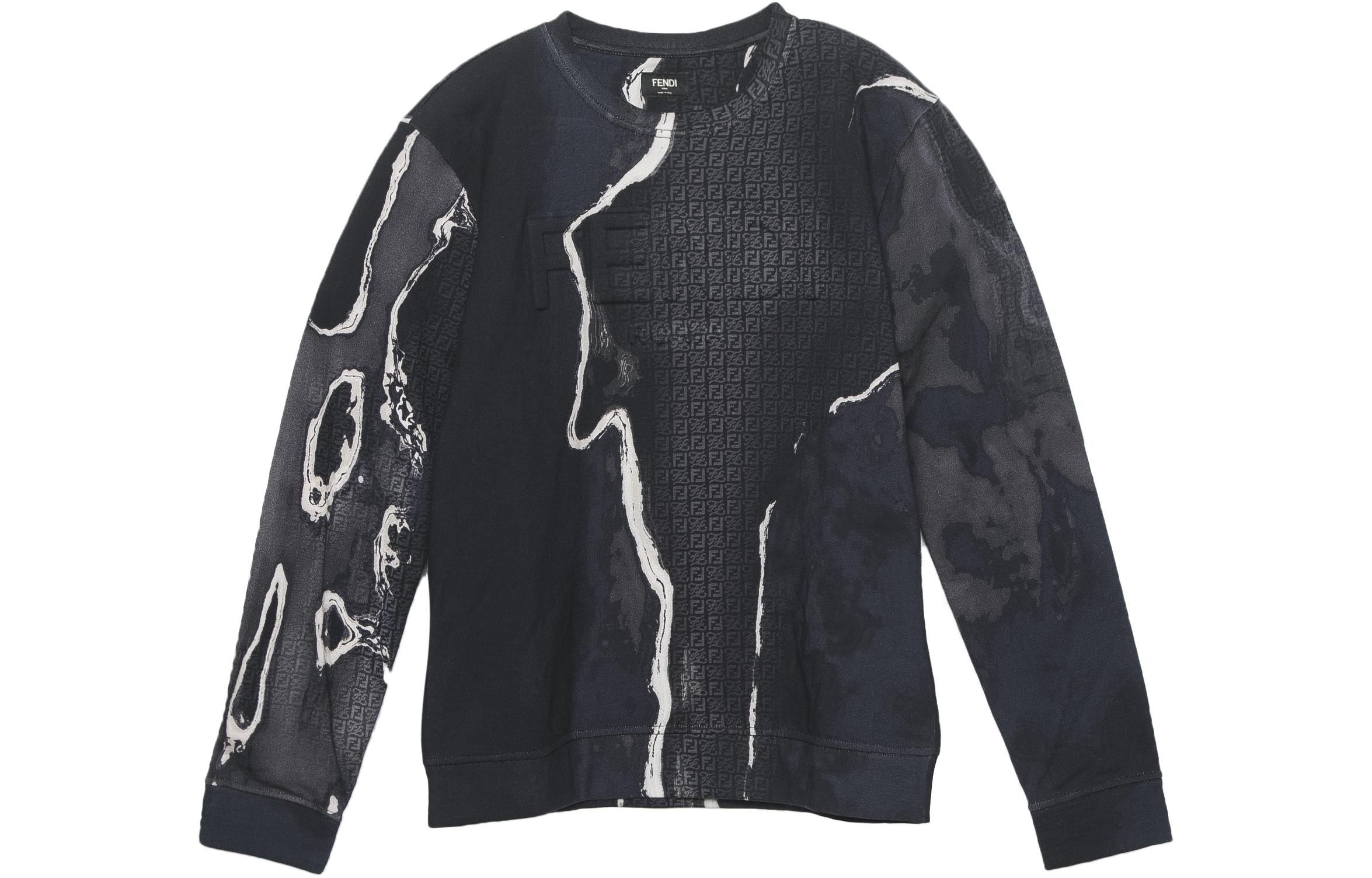 FENDI  Distressed Crewneck Long Sleeve Sweatshirt in Black. FY0178AIL3F1AJR