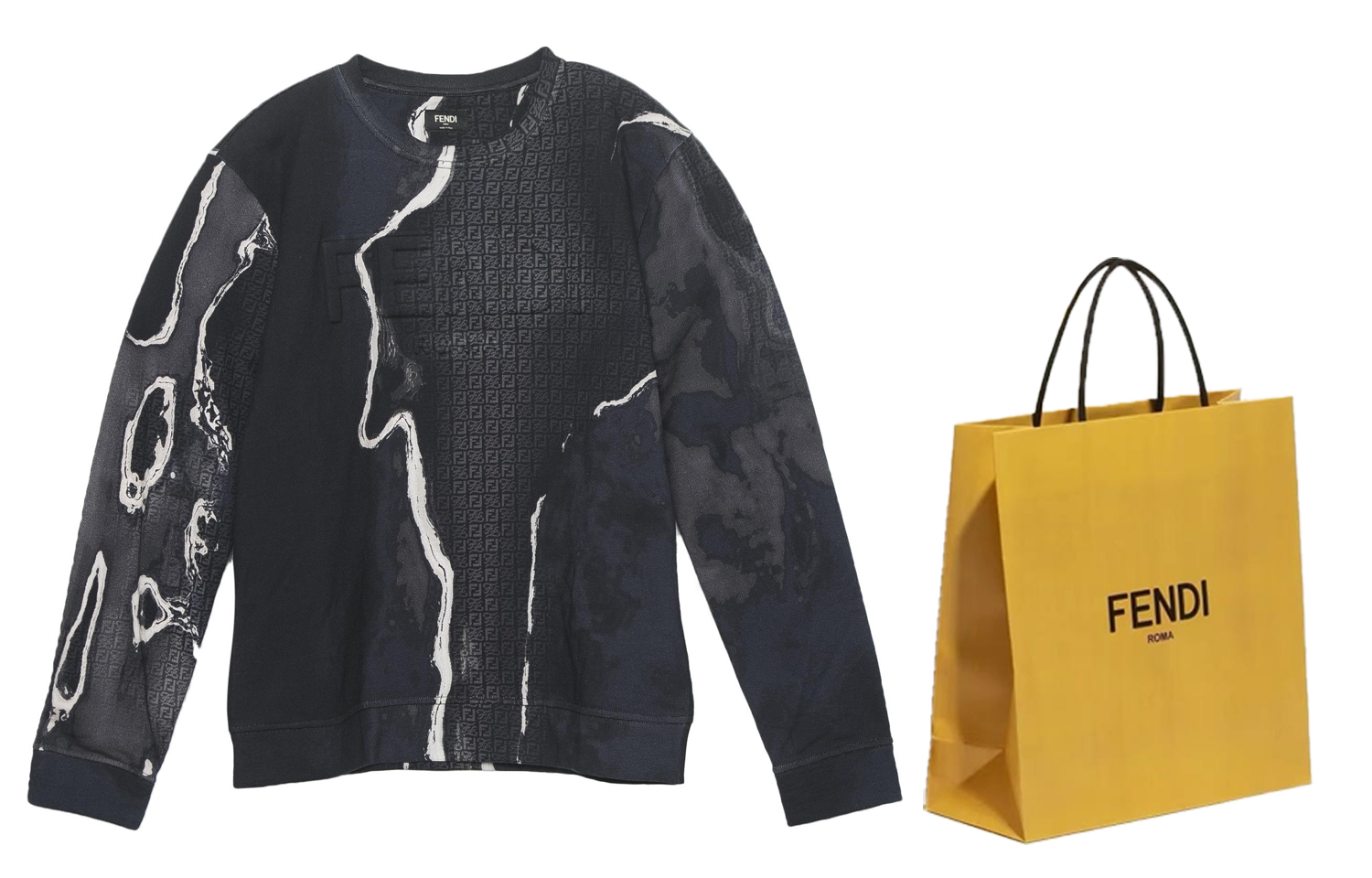 Shop FENDI 黑色做旧圆领长袖卫衣。 FY0178AIL3F1AJR