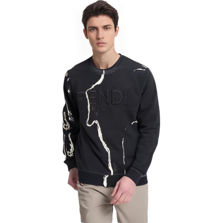 Cheap FENDI 黑色做旧圆领长袖卫衣。 FY0178AIL3F1AJR