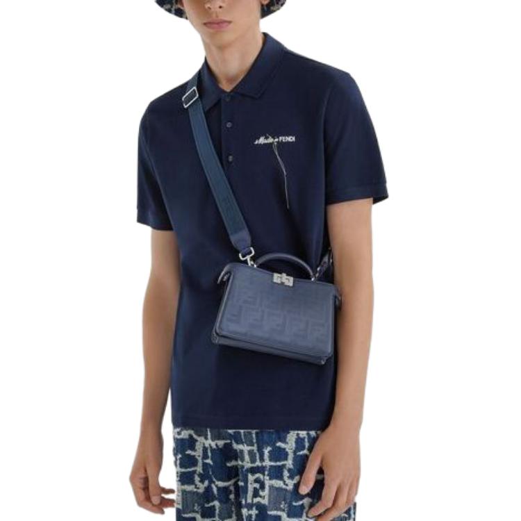 Shop FENDI Polo Azul Manga Corta con Logo Bordado y Color Sólido. FY0985AR6XF0QG3