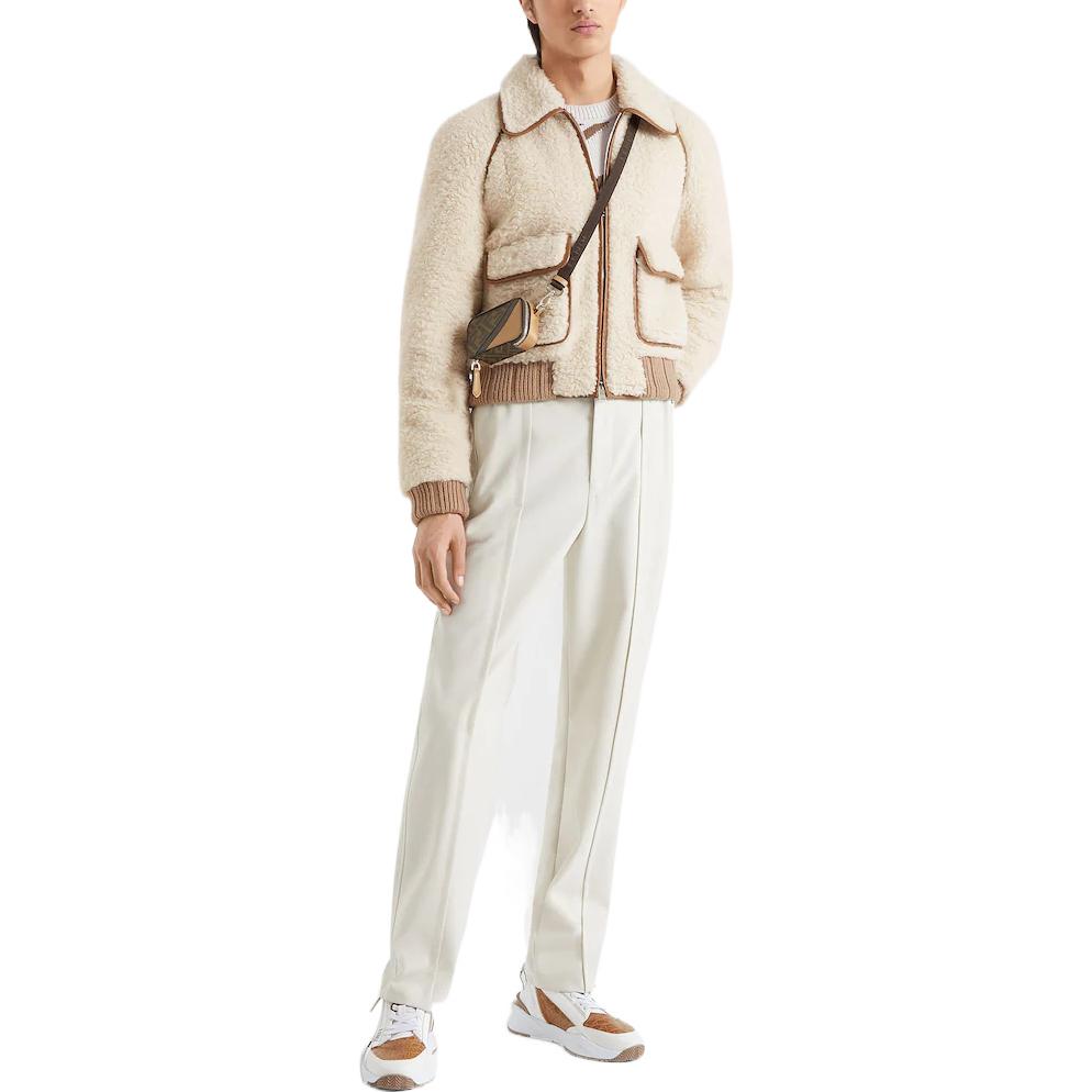 Shop FENDI FW22 米色修身翻領拉鍊外套 - 極簡設計 FW1163AKTPF0PKL