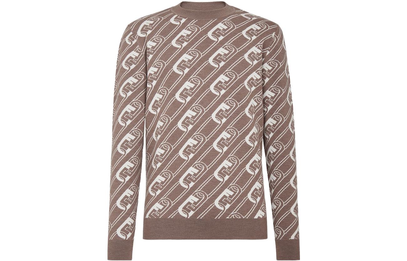 FENDI  FW22 Brown Patterned Jacquard Knit Crewneck Sweater. FZX061AL3IF0UHM