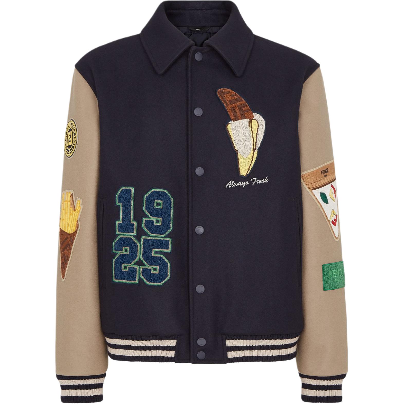 FENDI  FW24 Colorblock Logo Print Baseball Jacket Beige/Blue FW1348ATEAF1R4X