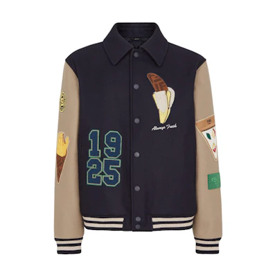 FENDI FW24 Colorblock Logo Print Baseball Jacket Beige/Blue FW1348ATEAF1R4X