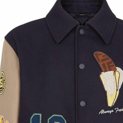 FENDI FW24 米色/藍色拼接標誌印花棒球外套 FW1348ATEAF1R4X Cheap FENDI FW24 米色/藍色拼接標誌印花棒球外套 FW1348ATEAF1R4X