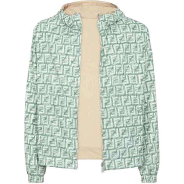 Lookbook 펜디 그린 리버시블 후드 재킷 올오버 프린트. FAA928AR9GF1MTQ